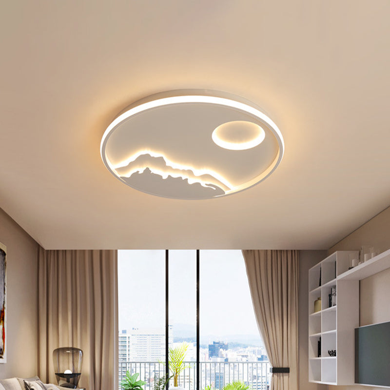 Modern LED Circle Ceiling Light White Mountain Sunrise Scenery Flush Mount with Acrylic Shade in Warm/White Light, 17"/20.5"/25" W Clearhalo 'Ceiling Lights' 'Close To Ceiling Lights' 'Close to ceiling' 'Flush mount' Lighting' 1936041