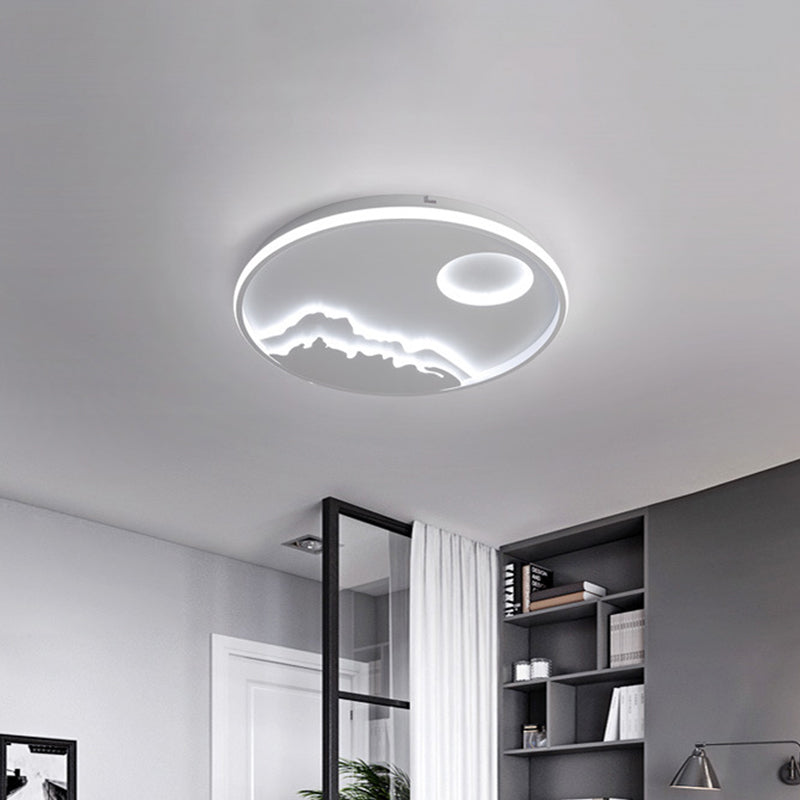 Modern LED Circle Ceiling Light White Mountain Sunrise Scenery Flush Mount with Acrylic Shade in Warm/White Light, 17"/20.5"/25" W Clearhalo 'Ceiling Lights' 'Close To Ceiling Lights' 'Close to ceiling' 'Flush mount' Lighting' 1936042
