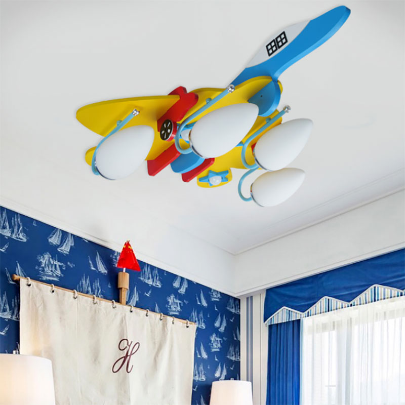 Kids Fighter Airplane Semi Flushmount Light 4 Lights Wood Multi-Color Ceiling Lamp for Nursing Room Clearhalo 'Ceiling Lights' 'Close To Ceiling Lights' 'Close to ceiling' 'Flush mount' Lighting' 193642