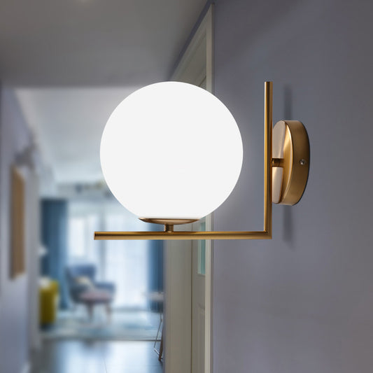 Frosted White Glass Ball Wall Light Minimalist 1 Head Gold Wall Lamp Fixture with Right Angle Arm, Warm/White Light Clearhalo 'Cast Iron' 'Glass' 'Industrial' 'Modern wall lights' 'Modern' 'Tiffany' 'Traditional wall lights' 'Wall Lamps & Sconces' 'Wall Lights' Lighting' 1936529