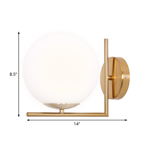 Frosted White Glass Ball Wall Light Minimalist 1 Head Gold Wall Lamp Fixture with Right Angle Arm, Warm/White Light Clearhalo 'Cast Iron' 'Glass' 'Industrial' 'Modern wall lights' 'Modern' 'Tiffany' 'Traditional wall lights' 'Wall Lamps & Sconces' 'Wall Lights' Lighting' 1936531