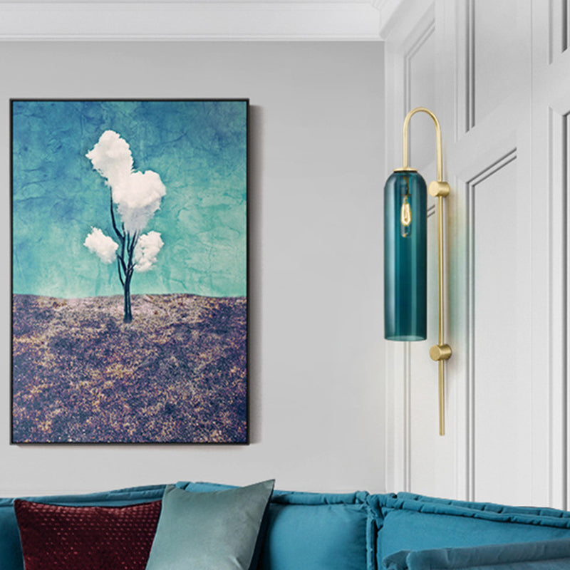 Mid Century Gooseneck Wall Light Sconce Metal 1-Bulb Living Room Wall Lamp in Brass with Elongated Blue Glass Shade Clearhalo 'Cast Iron' 'Glass' 'Industrial' 'Modern wall lights' 'Modern' 'Tiffany' 'Traditional wall lights' 'Wall Lamps & Sconces' 'Wall Lights' Lighting' 1936667