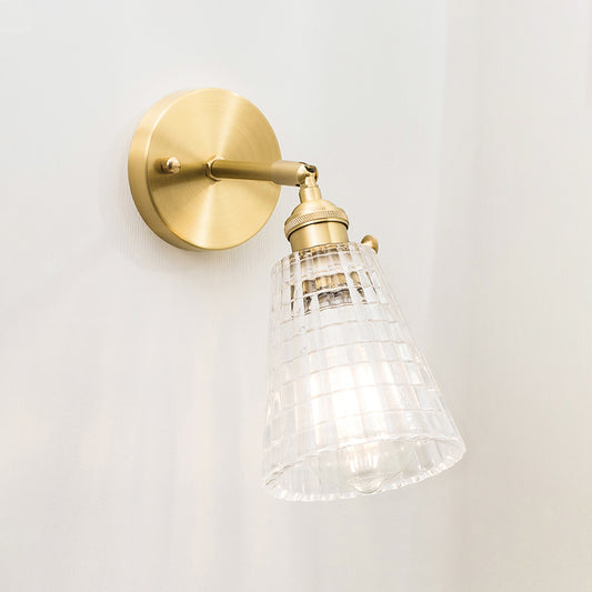 Conical Rotating Wall Light Kit Postmodern Clear Ribbed/Grid Glass 1 Light Gold Wall Mounted Lamp Clearhalo 'Cast Iron' 'Glass' 'Industrial' 'Modern wall lights' 'Modern' 'Tiffany' 'Traditional wall lights' 'Wall Lamps & Sconces' 'Wall Lights' Lighting' 1936678
