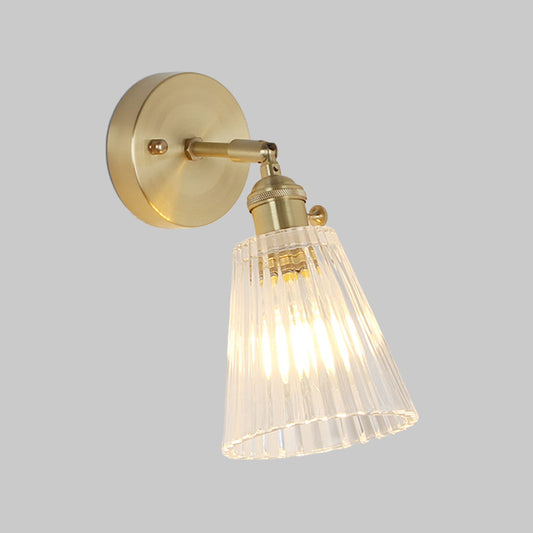 Conical Rotating Wall Light Kit Postmodern Clear Ribbed/Grid Glass 1 Light Gold Wall Mounted Lamp Clearhalo 'Cast Iron' 'Glass' 'Industrial' 'Modern wall lights' 'Modern' 'Tiffany' 'Traditional wall lights' 'Wall Lamps & Sconces' 'Wall Lights' Lighting' 1936682