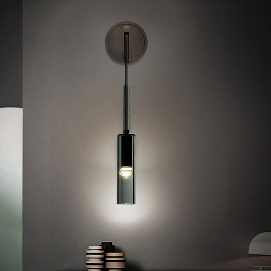 Elongated Dome/Tube/Tapered Wall Light Postmodern Smoke Grey/Green/White Glass 1 Head Living Room Wall Hanging Lamp in Gold/Black Black Clearhalo 'Cast Iron' 'Glass' 'Industrial' 'Modern wall lights' 'Modern' 'Tiffany' 'Traditional wall lights' 'Wall Lamps & Sconces' 'Wall Lights' Lighting' 1936715