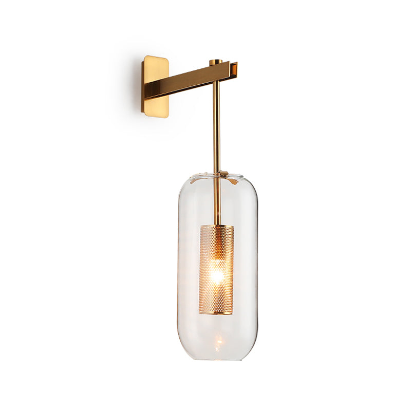 Postmodern Capsule Wall Hanging Light Clear Glass 1 Bulb Bedside Wall Mounted Lamp with Interior Mesh Guard in Black/Gold Clearhalo 'Cast Iron' 'Glass' 'Industrial' 'Modern wall lights' 'Modern' 'Tiffany' 'Traditional wall lights' 'Wall Lamps & Sconces' 'Wall Lights' Lighting' 1936751