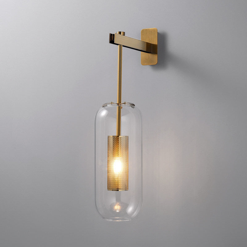 Postmodern Capsule Wall Hanging Light Clear Glass 1 Bulb Bedside Wall Mounted Lamp with Interior Mesh Guard in Black/Gold Clearhalo 'Cast Iron' 'Glass' 'Industrial' 'Modern wall lights' 'Modern' 'Tiffany' 'Traditional wall lights' 'Wall Lamps & Sconces' 'Wall Lights' Lighting' 1936752