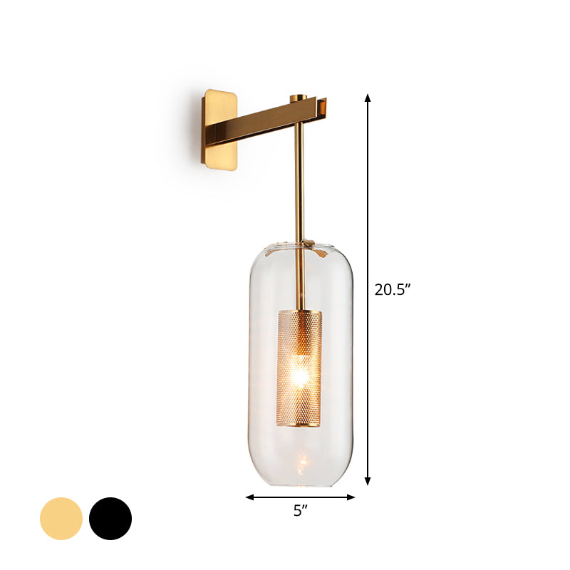 Postmodern Capsule Wall Hanging Light Clear Glass 1 Bulb Bedside Wall Mounted Lamp with Interior Mesh Guard in Black/Gold Clearhalo 'Cast Iron' 'Glass' 'Industrial' 'Modern wall lights' 'Modern' 'Tiffany' 'Traditional wall lights' 'Wall Lamps & Sconces' 'Wall Lights' Lighting' 1936753