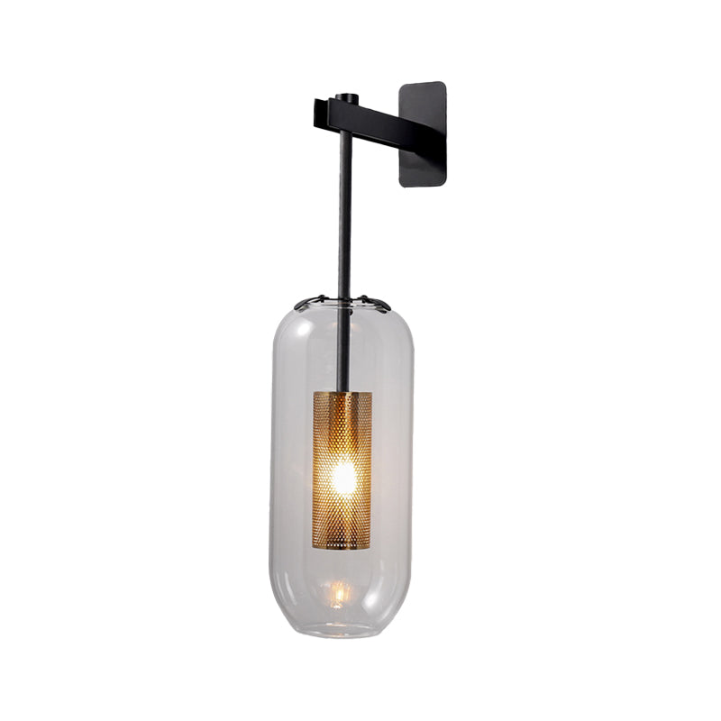 Postmodern Capsule Wall Hanging Light Clear Glass 1 Bulb Bedside Wall Mounted Lamp with Interior Mesh Guard in Black/Gold Clearhalo 'Cast Iron' 'Glass' 'Industrial' 'Modern wall lights' 'Modern' 'Tiffany' 'Traditional wall lights' 'Wall Lamps & Sconces' 'Wall Lights' Lighting' 1936756