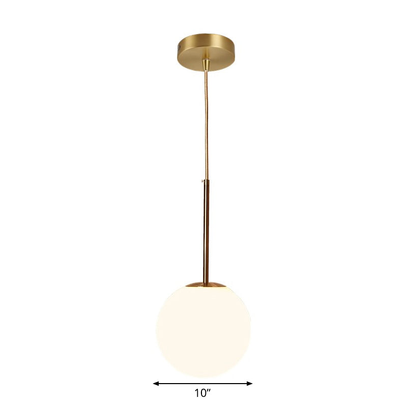 Simple Ball Shaped Drop Pendant White Glass 1 Light 6"/8"/10" Dia Bedroom Pendulum Light in Brass Clearhalo 'Ceiling Lights' 'Modern Pendants' 'Modern' 'Pendant Lights' 'Pendants' Lighting' 1936792