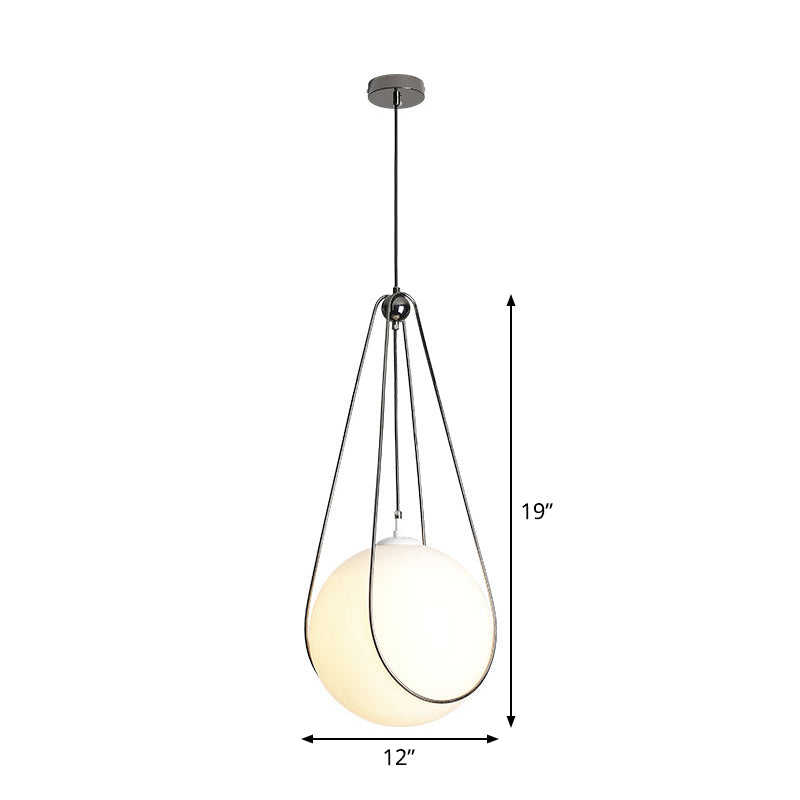 8"/10"/12" Wide Teardrop Hanging Light Modern White Ball Glass 1 Light Nickel Finish Pendulum Light for Restaurant Clearhalo 'Ceiling Lights' 'Modern Pendants' 'Modern' 'Pendant Lights' 'Pendants' Lighting' 1936817