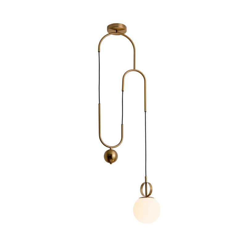 Opaline Glass Ball Shade Pendant Light Kit Postmodern 1-Light Hanging Lamp with Pulley in Gold Clearhalo 'Ceiling Lights' 'Modern Pendants' 'Modern' 'Pendant Lights' 'Pendants' Lighting' 1936828