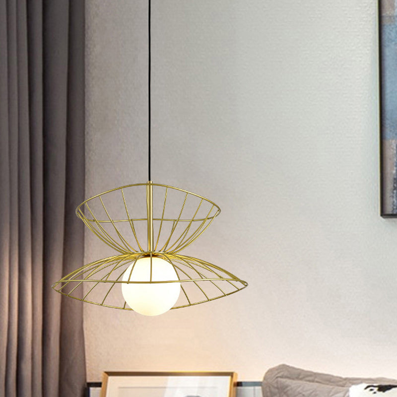 Black/Gold Double-Flared Pendulum Light Modern 1 Head Metal Ceiling Pendant Lamp with Ball Opal Glass Bottom Clearhalo 'Ceiling Lights' 'Modern Pendants' 'Modern' 'Pendant Lights' 'Pendants' Lighting' 1936951