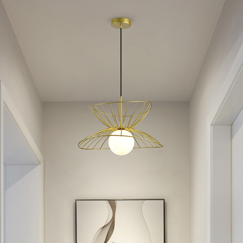 Black/Gold Double-Flared Pendulum Light Modern 1 Head Metal Ceiling Pendant Lamp with Ball Opal Glass Bottom Clearhalo 'Ceiling Lights' 'Modern Pendants' 'Modern' 'Pendant Lights' 'Pendants' Lighting' 1936952
