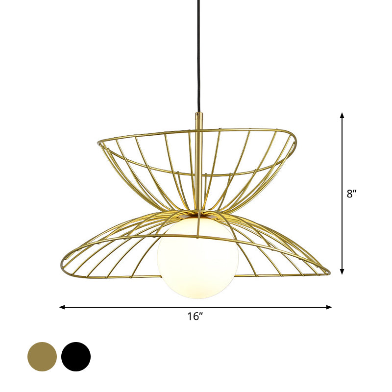 Black/Gold Double-Flared Pendulum Light Modern 1 Head Metal Ceiling Pendant Lamp with Ball Opal Glass Bottom Clearhalo 'Ceiling Lights' 'Modern Pendants' 'Modern' 'Pendant Lights' 'Pendants' Lighting' 1936954