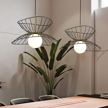 Black/Gold Double-Flared Pendulum Light Modern 1 Head Metal Ceiling Pendant Lamp with Ball Opal Glass Bottom Black Clearhalo 'Ceiling Lights' 'Modern Pendants' 'Modern' 'Pendant Lights' 'Pendants' Lighting' 1936955