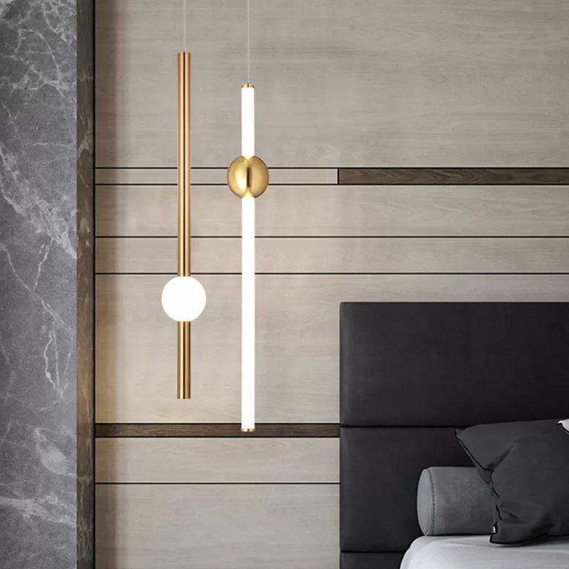 1-Head Bedside Drop Pendant Postmodern Gold/Clear Hanging Light with Tubular Frosted White Glass Shade Clearhalo 'Ceiling Lights' 'Modern Pendants' 'Modern' 'Pendant Lights' 'Pendants' Lighting' 1937023