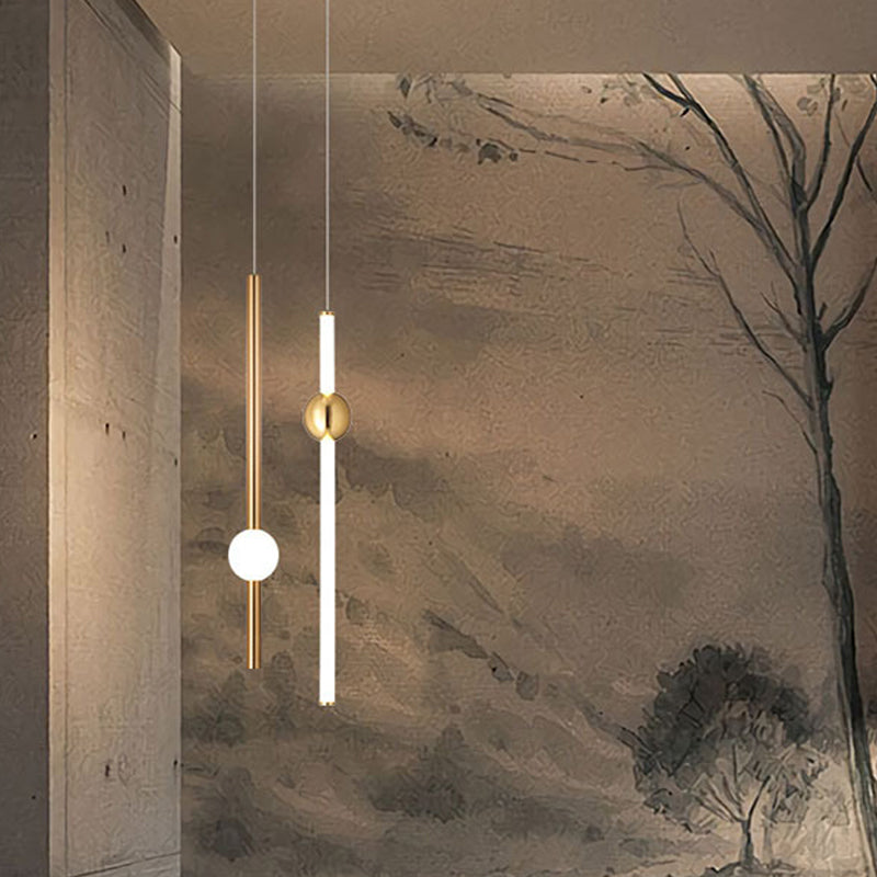 1-Head Bedside Drop Pendant Postmodern Gold/Clear Hanging Light with Tubular Frosted White Glass Shade Gold A Clearhalo 'Ceiling Lights' 'Modern Pendants' 'Modern' 'Pendant Lights' 'Pendants' Lighting' 1937026