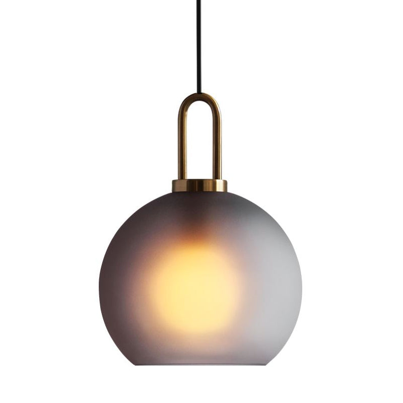 Frosted Smoky Grey Glass Sphere Pendant Modern Single-Bulb Brass Ceiling Hang Light with Handle, 8"/10"/12" Wide Clearhalo 'Ceiling Lights' 'Modern Pendants' 'Modern' 'Pendant Lights' 'Pendants' Lighting' 1937065