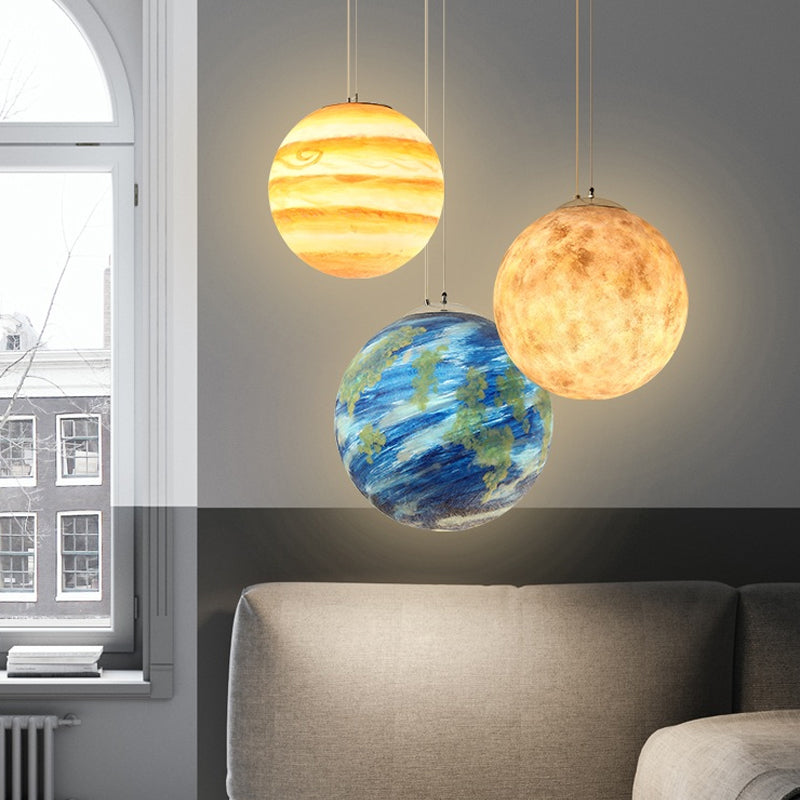 Kids Saturn/Earth Sphere Pendulum Light Blue/Yellow Glass Single-Bulb Bedroom Hanging Lamp, 8"/12"/16" Dia Blue Clearhalo 'Ceiling Lights' 'Modern Pendants' 'Modern' 'Pendant Lights' 'Pendants' Lighting' 1937069