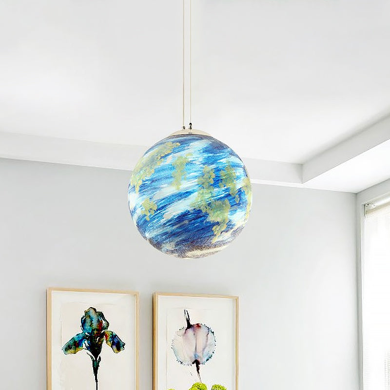 Kids Saturn/Earth Sphere Pendulum Light Blue/Yellow Glass Single-Bulb Bedroom Hanging Lamp, 8"/12"/16" Dia Clearhalo 'Ceiling Lights' 'Modern Pendants' 'Modern' 'Pendant Lights' 'Pendants' Lighting' 1937071