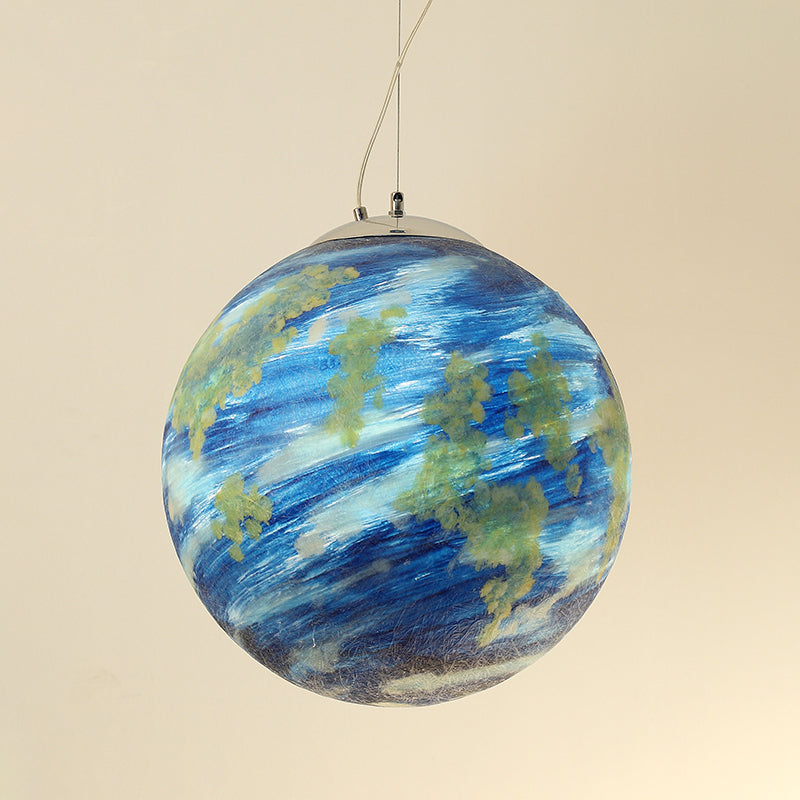 Kids Saturn/Earth Sphere Pendulum Light Blue/Yellow Glass Single-Bulb Bedroom Hanging Lamp, 8"/12"/16" Dia Clearhalo 'Ceiling Lights' 'Modern Pendants' 'Modern' 'Pendant Lights' 'Pendants' Lighting' 1937073