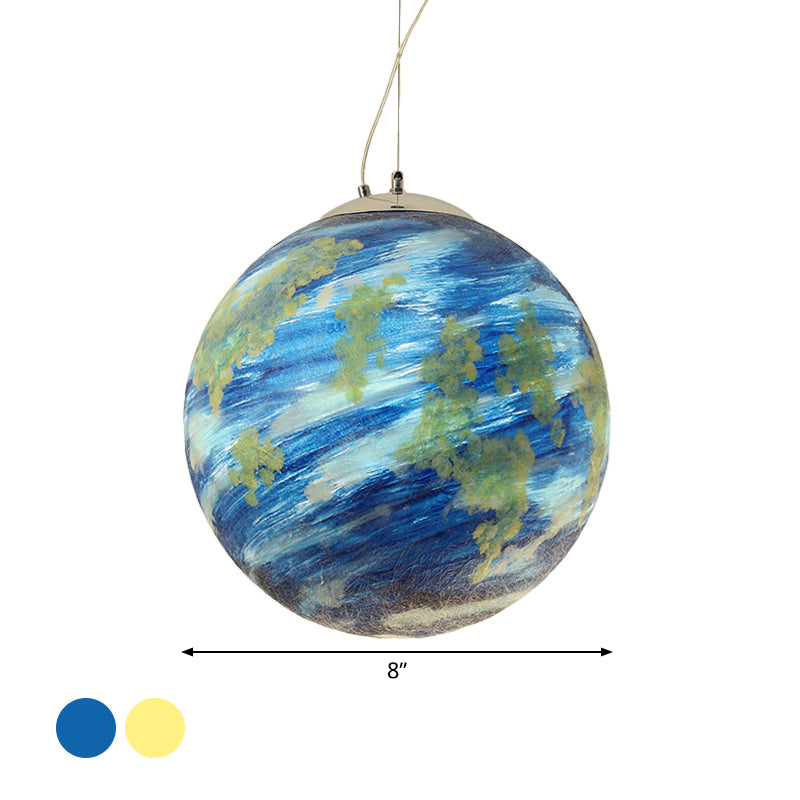 Kids Saturn/Earth Sphere Pendulum Light Blue/Yellow Glass Single-Bulb Bedroom Hanging Lamp, 8"/12"/16" Dia Clearhalo 'Ceiling Lights' 'Modern Pendants' 'Modern' 'Pendant Lights' 'Pendants' Lighting' 1937074