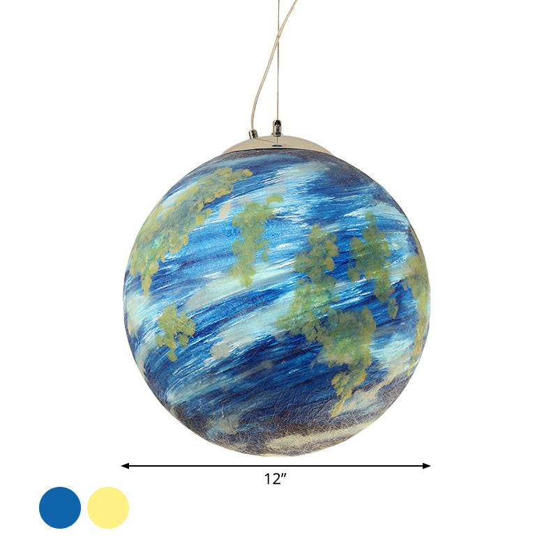 Kids Saturn/Earth Sphere Pendulum Light Blue/Yellow Glass Single-Bulb Bedroom Hanging Lamp, 8"/12"/16" Dia Clearhalo 'Ceiling Lights' 'Modern Pendants' 'Modern' 'Pendant Lights' 'Pendants' Lighting' 1937075