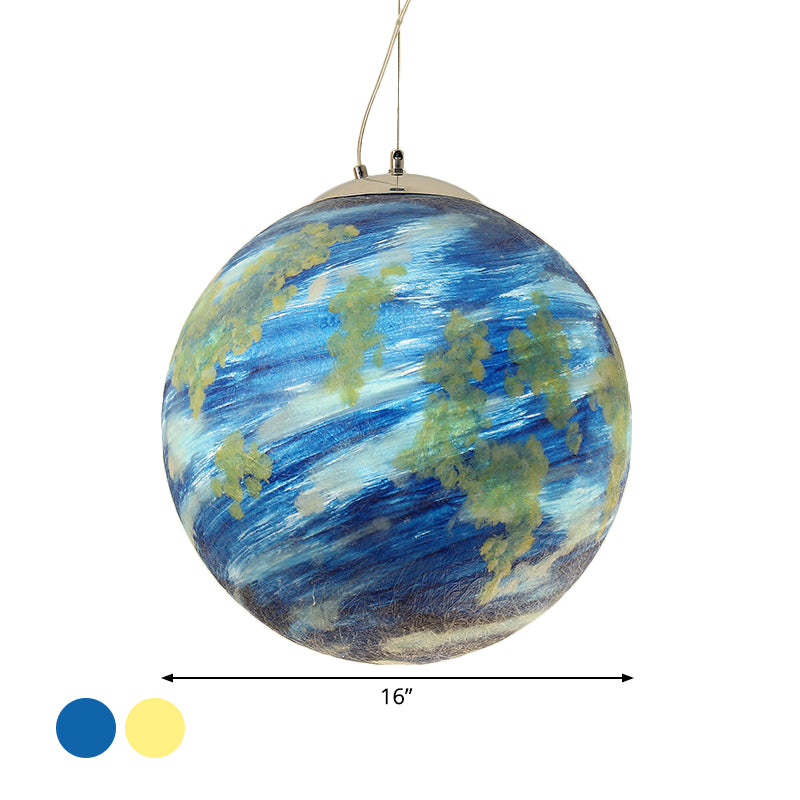 Kids Saturn/Earth Sphere Pendulum Light Blue/Yellow Glass Single-Bulb Bedroom Hanging Lamp, 8"/12"/16" Dia Clearhalo 'Ceiling Lights' 'Modern Pendants' 'Modern' 'Pendant Lights' 'Pendants' Lighting' 1937076