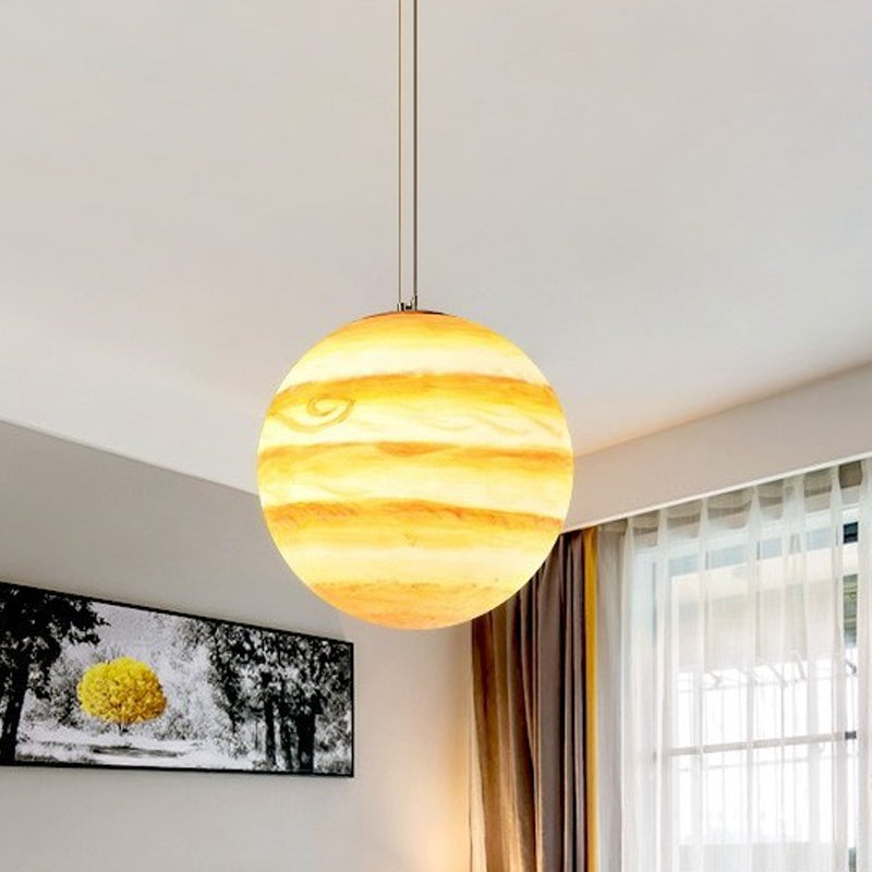 Kids Saturn/Earth Sphere Pendulum Light Blue/Yellow Glass Single-Bulb Bedroom Hanging Lamp, 8"/12"/16" Dia Yellow Clearhalo 'Ceiling Lights' 'Modern Pendants' 'Modern' 'Pendant Lights' 'Pendants' Lighting' 1937077