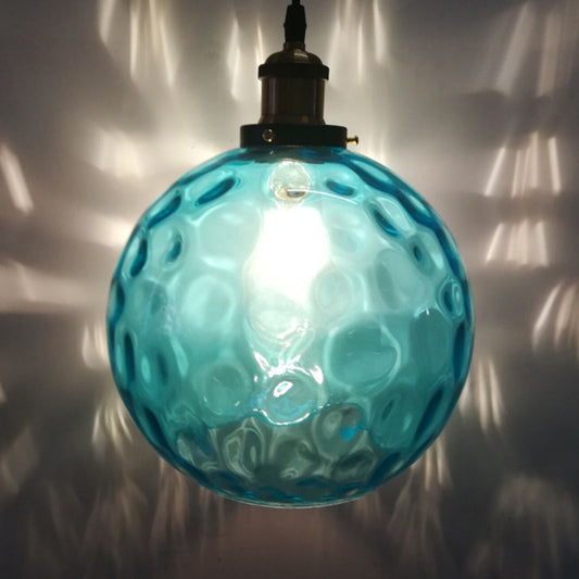 Blue Rippled Glass Ball Hanging Light Modern 1 Light 8"/10"/12" W Brass Ceiling Suspension Lamp Clearhalo 'Ceiling Lights' 'Glass shade' 'Glass' 'Modern Pendants' 'Modern' 'Pendant Lights' 'Pendants' Lighting' 1937081