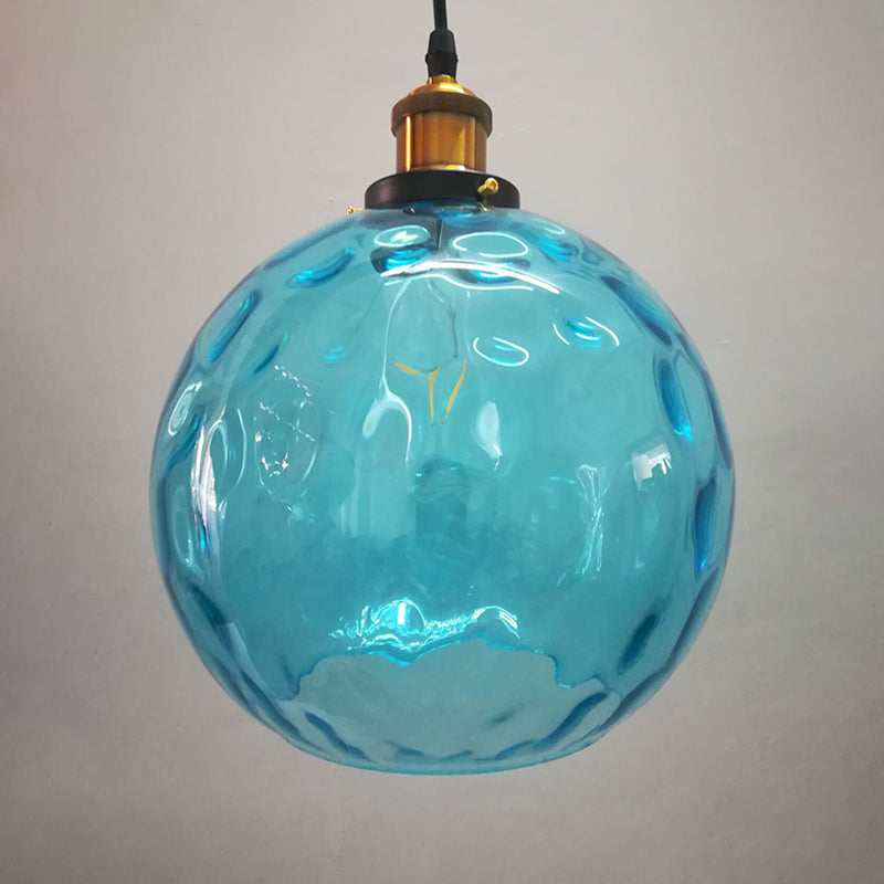 Blue Rippled Glass Ball Hanging Light Modern 1 Light 8