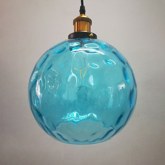 Blue Rippled Glass Ball Hanging Light Modern 1 Light 8"/10"/12" W Brass Ceiling Suspension Lamp Clearhalo 'Ceiling Lights' 'Glass shade' 'Glass' 'Modern Pendants' 'Modern' 'Pendant Lights' 'Pendants' Lighting' 1937082