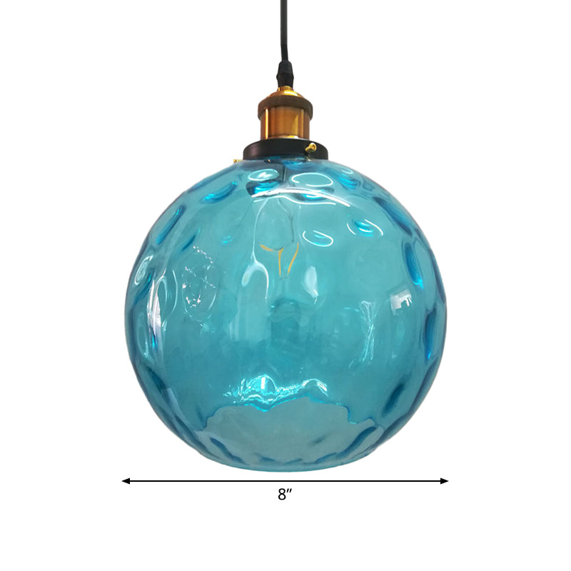 Blue Rippled Glass Ball Hanging Light Modern 1 Light 8"/10"/12" W Brass Ceiling Suspension Lamp Clearhalo 'Ceiling Lights' 'Glass shade' 'Glass' 'Modern Pendants' 'Modern' 'Pendant Lights' 'Pendants' Lighting' 1937084