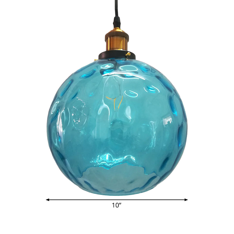 Blue Rippled Glass Ball Hanging Light Modern 1 Light 8"/10"/12" W Brass Ceiling Suspension Lamp Clearhalo 'Ceiling Lights' 'Glass shade' 'Glass' 'Modern Pendants' 'Modern' 'Pendant Lights' 'Pendants' Lighting' 1937085