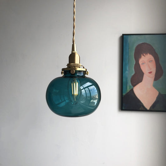 Elliptical Pendant Lighting Fixture Modern Blue/Clear/Green Glass 1 Head Dining Room Ceiling Hang Lamp in Brass Blue Clearhalo 'Ceiling Lights' 'Glass shade' 'Glass' 'Modern Pendants' 'Modern' 'Pendant Lights' 'Pendants' Lighting' 1937087