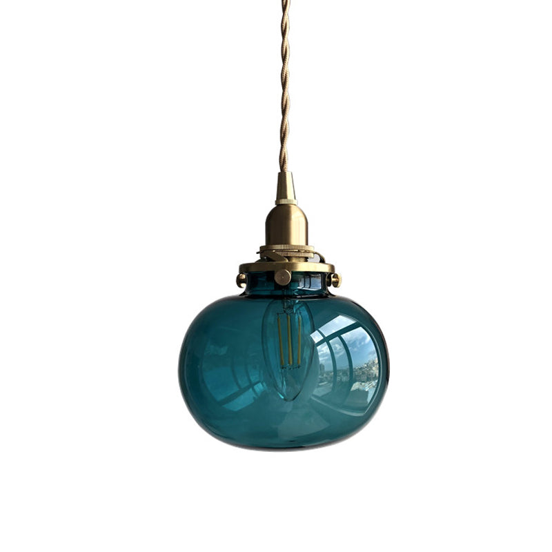 Elliptical Pendant Lighting Fixture Modern Blue/Clear/Green Glass 1 Head Dining Room Ceiling Hang Lamp in Brass Clearhalo 'Ceiling Lights' 'Glass shade' 'Glass' 'Modern Pendants' 'Modern' 'Pendant Lights' 'Pendants' Lighting' 1937088