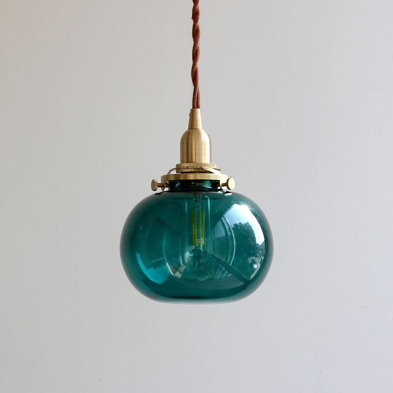 Elliptical Pendant Lighting Fixture Modern Blue/Clear/Green Glass 1 Head Dining Room Ceiling Hang Lamp in Brass Clearhalo 'Ceiling Lights' 'Glass shade' 'Glass' 'Modern Pendants' 'Modern' 'Pendant Lights' 'Pendants' Lighting' 1937089