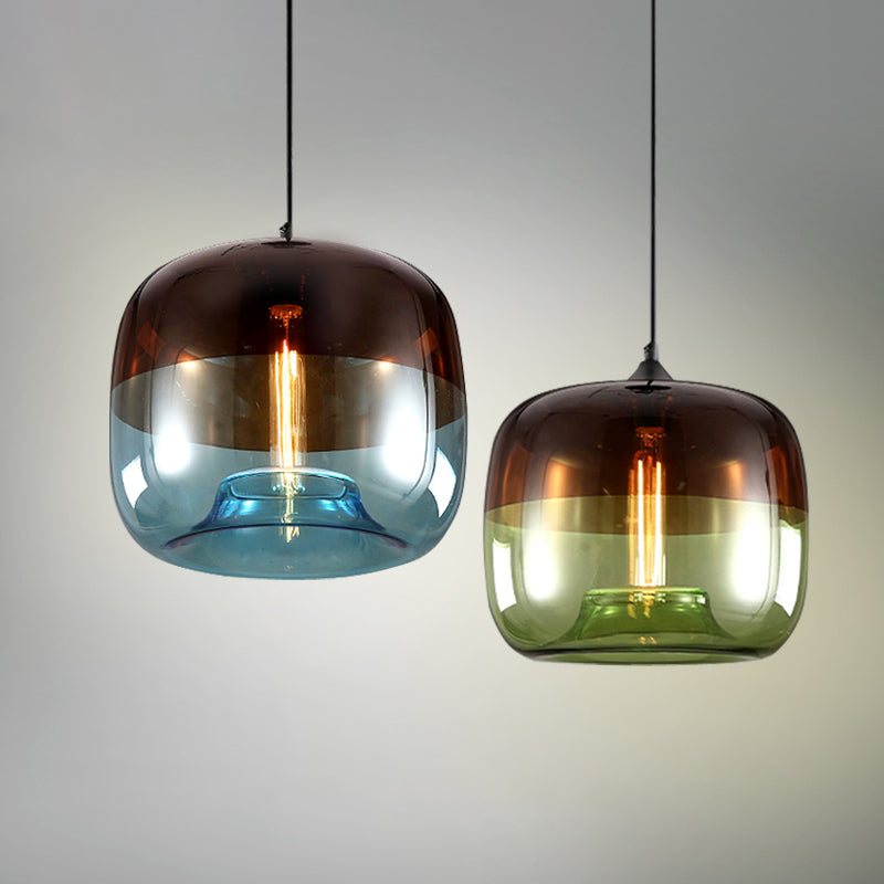 Drum Pendant Ceiling Light Postmodern Blue/Green-Brown Glass 1 Bulb Dining Room Suspension Lamp with Recessed Bottom Clearhalo 'Ceiling Lights' 'Glass shade' 'Glass' 'Modern Pendants' 'Modern' 'Pendant Lights' 'Pendants' Lighting' 1937099