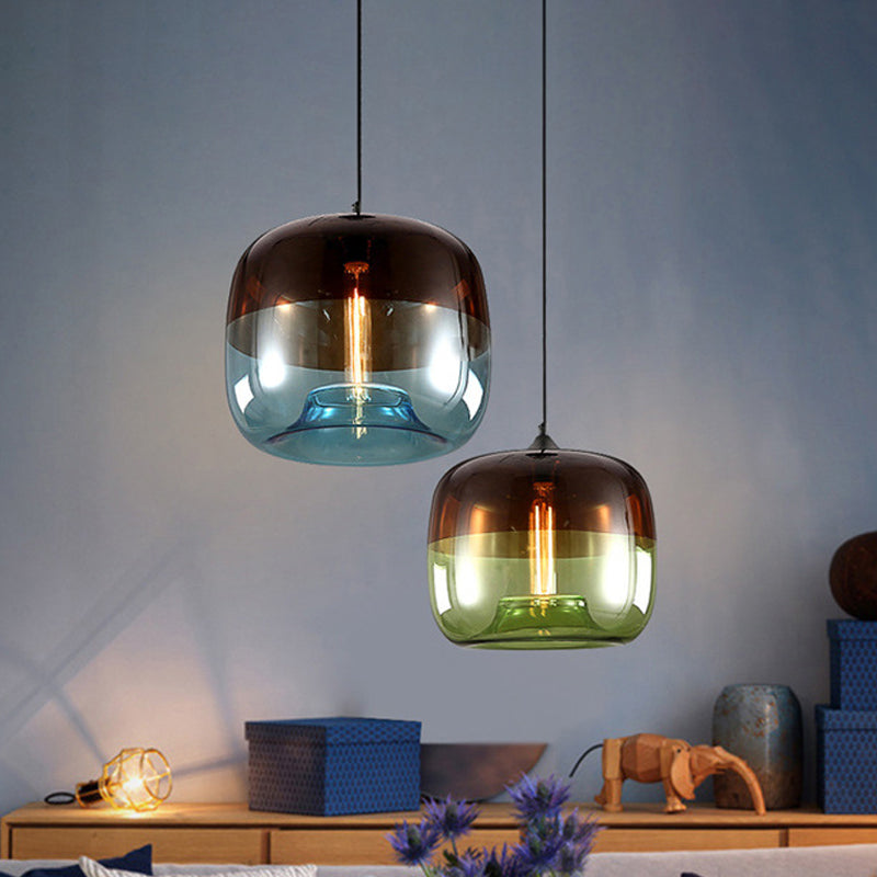 Drum Pendant Ceiling Light Postmodern Blue/Green-Brown Glass 1 Bulb Dining Room Suspension Lamp with Recessed Bottom Clearhalo 'Ceiling Lights' 'Glass shade' 'Glass' 'Modern Pendants' 'Modern' 'Pendant Lights' 'Pendants' Lighting' 1937100