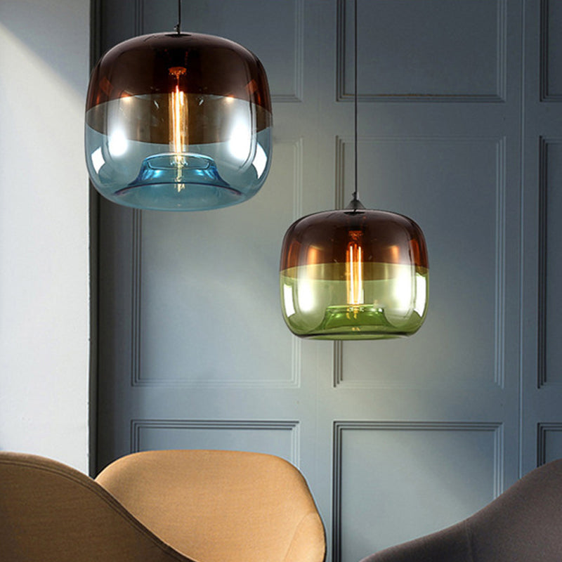 Drum Pendant Ceiling Light Postmodern Blue/Green-Brown Glass 1 Bulb Dining Room Suspension Lamp with Recessed Bottom Clearhalo 'Ceiling Lights' 'Glass shade' 'Glass' 'Modern Pendants' 'Modern' 'Pendant Lights' 'Pendants' Lighting' 1937101