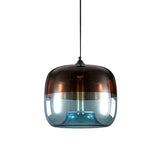 Drum Pendant Ceiling Light Postmodern Blue/Green-Brown Glass 1 Bulb Dining Room Suspension Lamp with Recessed Bottom Clearhalo 'Ceiling Lights' 'Glass shade' 'Glass' 'Modern Pendants' 'Modern' 'Pendant Lights' 'Pendants' Lighting' 1937102