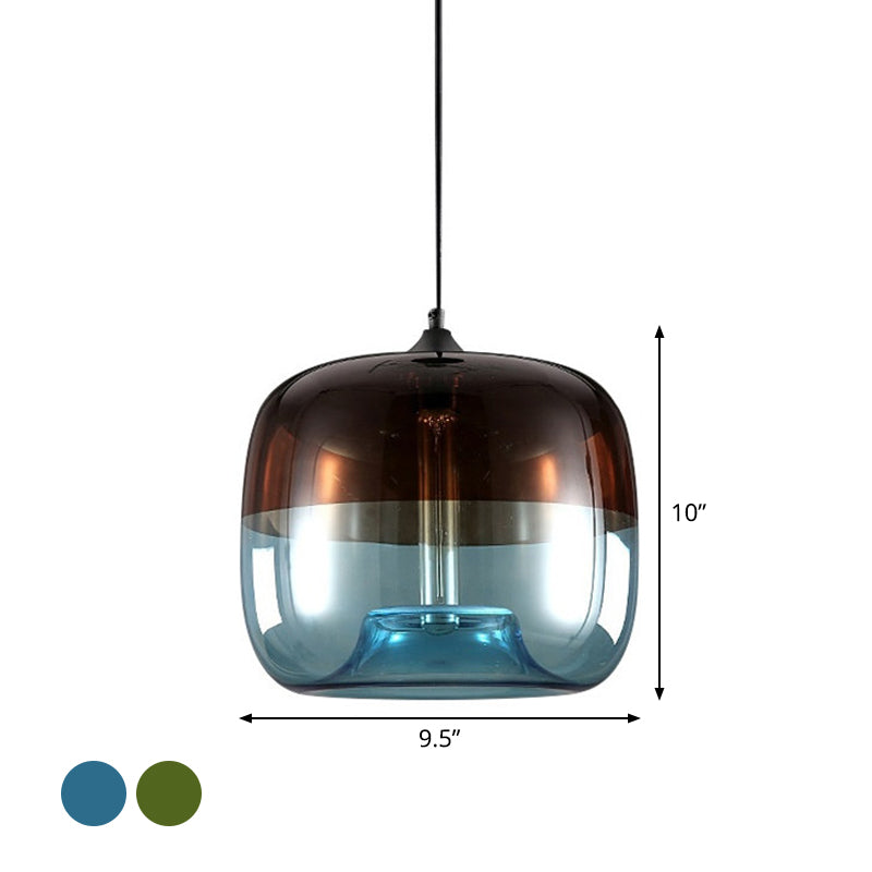 Drum Pendant Ceiling Light Postmodern Blue/Green-Brown Glass 1 Bulb Dining Room Suspension Lamp with Recessed Bottom Clearhalo 'Ceiling Lights' 'Glass shade' 'Glass' 'Modern Pendants' 'Modern' 'Pendant Lights' 'Pendants' Lighting' 1937103