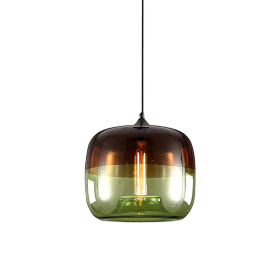 Drum Pendant Ceiling Light Postmodern Blue/Green-Brown Glass 1 Bulb Dining Room Suspension Lamp with Recessed Bottom Green Clearhalo 'Ceiling Lights' 'Glass shade' 'Glass' 'Modern Pendants' 'Modern' 'Pendant Lights' 'Pendants' Lighting' 1937104