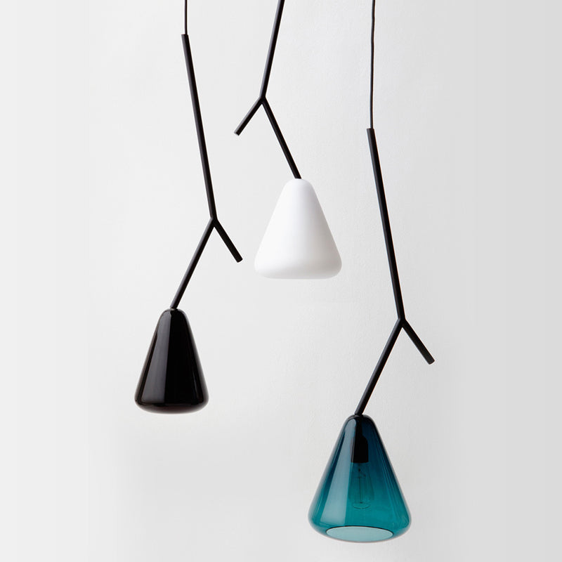 Black Branchlet Down Lighting Pendant Nordic 1 Bulb Metal Suspended Lighting Fixture with Conical Blue/Black/White Glass Shade Clearhalo 'Ceiling Lights' 'Glass shade' 'Glass' 'Modern Pendants' 'Modern' 'Pendant Lights' 'Pendants' Lighting' 1937105