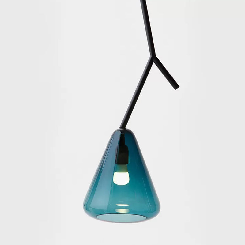Black Branchlet Down Lighting Pendant Nordic 1 Bulb Metal Suspended Lighting Fixture with Conical Blue/Black/White Glass Shade Blue Clearhalo 'Ceiling Lights' 'Glass shade' 'Glass' 'Modern Pendants' 'Modern' 'Pendant Lights' 'Pendants' Lighting' 1937106