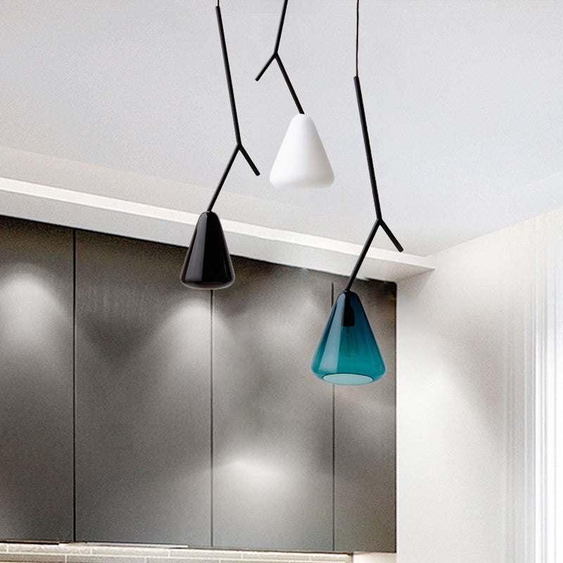 Black Branchlet Down Lighting Pendant Nordic 1 Bulb Metal Suspended Lighting Fixture with Conical Blue/Black/White Glass Shade Clearhalo 'Ceiling Lights' 'Glass shade' 'Glass' 'Modern Pendants' 'Modern' 'Pendant Lights' 'Pendants' Lighting' 1937107