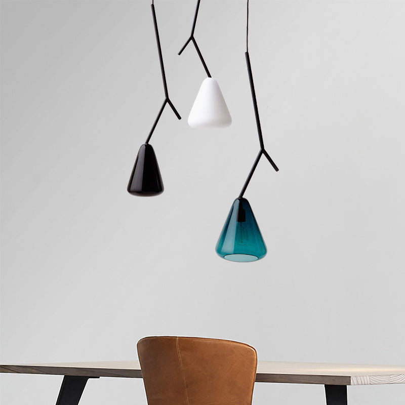 Black Branchlet Down Lighting Pendant Nordic 1 Bulb Metal Suspended Lighting Fixture with Conical Blue/Black/White Glass Shade Clearhalo 'Ceiling Lights' 'Glass shade' 'Glass' 'Modern Pendants' 'Modern' 'Pendant Lights' 'Pendants' Lighting' 1937108