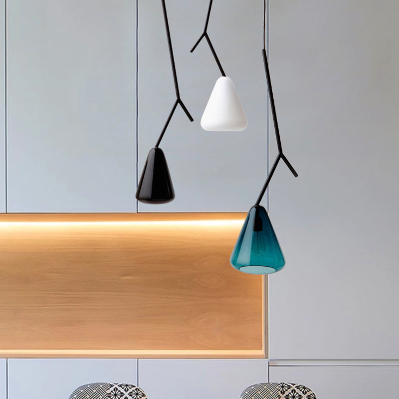 Black Branchlet Down Lighting Pendant Nordic 1 Bulb Metal Suspended Lighting Fixture with Conical Blue/Black/White Glass Shade Clearhalo 'Ceiling Lights' 'Glass shade' 'Glass' 'Modern Pendants' 'Modern' 'Pendant Lights' 'Pendants' Lighting' 1937109