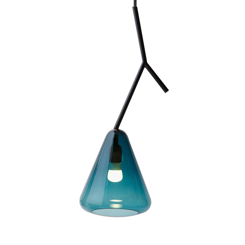 Black Branchlet Down Lighting Pendant Nordic 1 Bulb Metal Suspended Lighting Fixture with Conical Blue/Black/White Glass Shade Clearhalo 'Ceiling Lights' 'Glass shade' 'Glass' 'Modern Pendants' 'Modern' 'Pendant Lights' 'Pendants' Lighting' 1937110